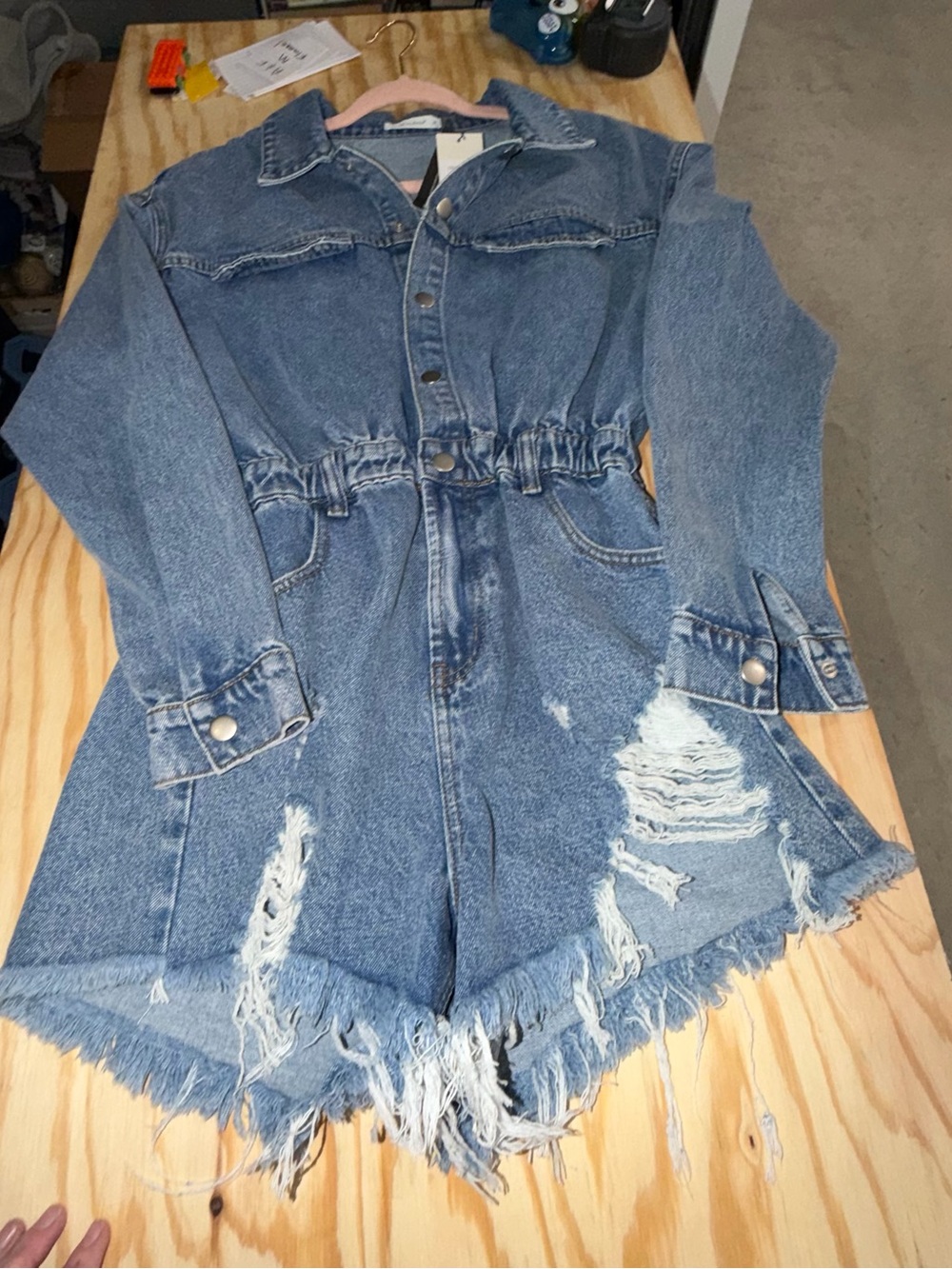 Idem Ditto Denim Romper Women’s L Vintage Blue Long Sleeve Distressed NWT